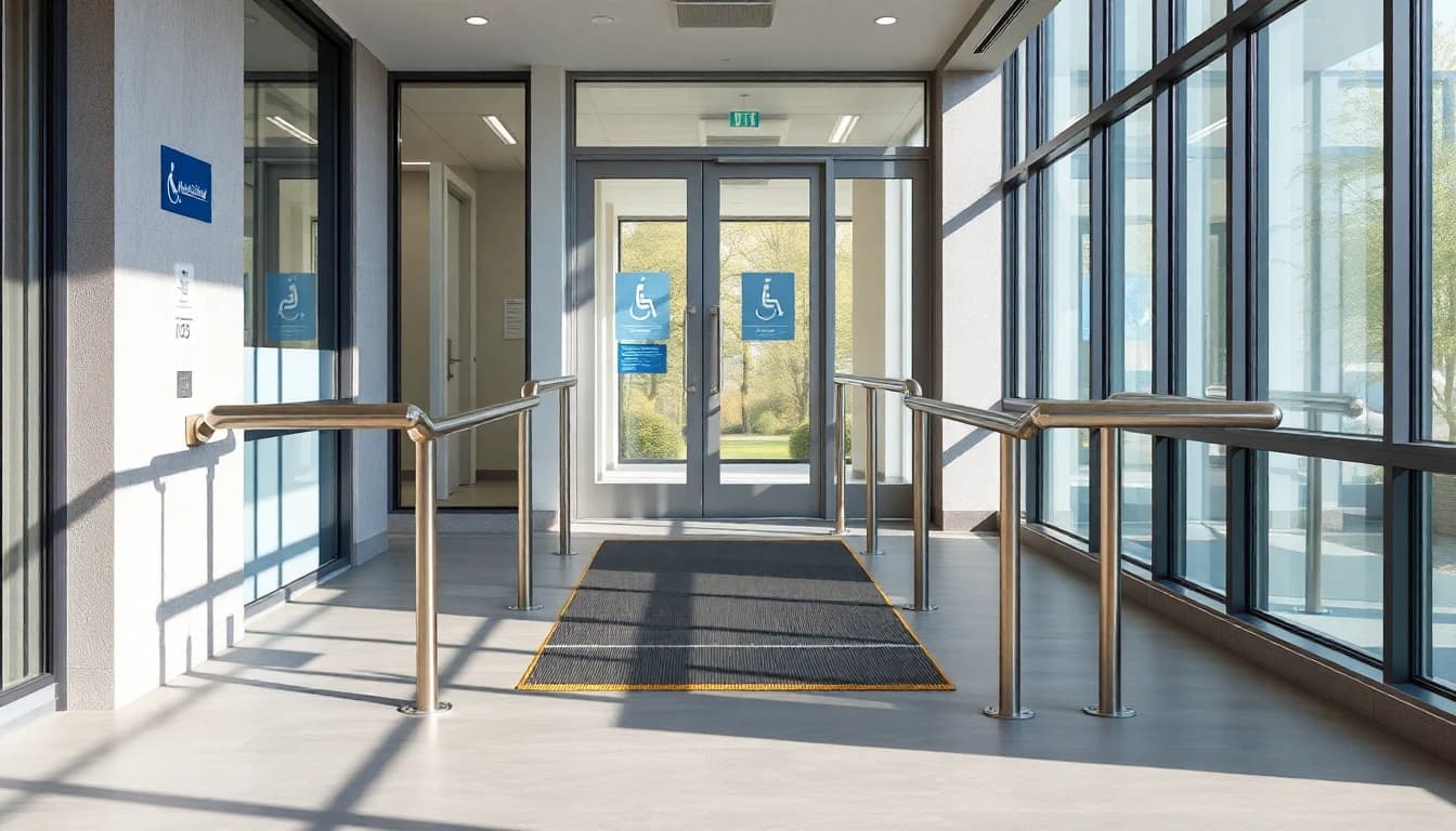 Modern accessible office entrance with wheelchair ramp and automatic door