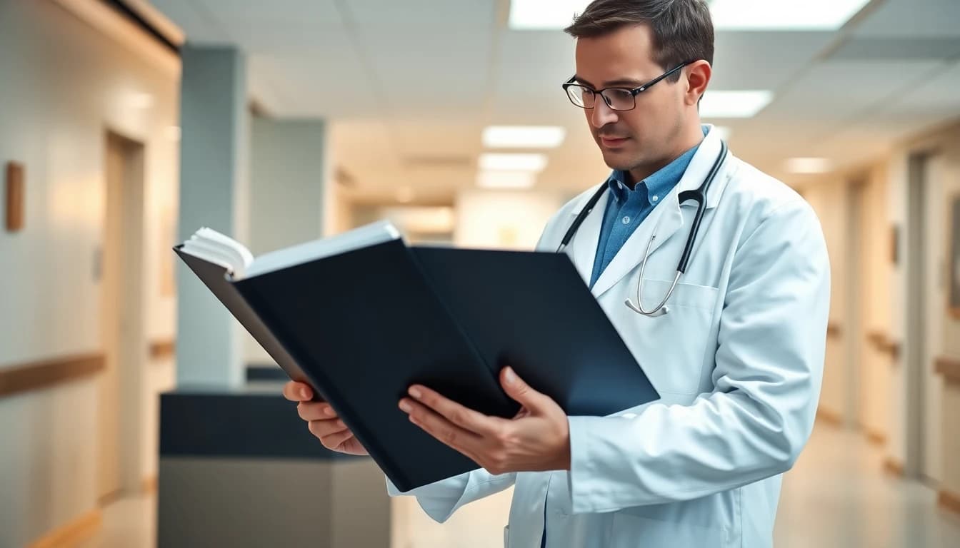 Healthcare professional reviewing an employee policy manual at a clinic