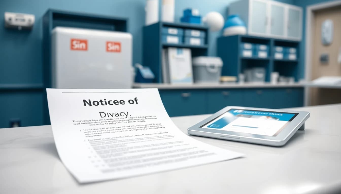 Privacy practices notice and patient sign-in tablet at a medical clinic front desk