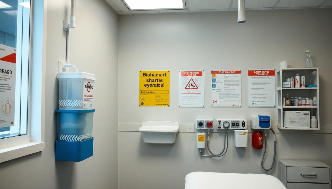 Medical clinic room with safety equipment including sharps container and eyewash station