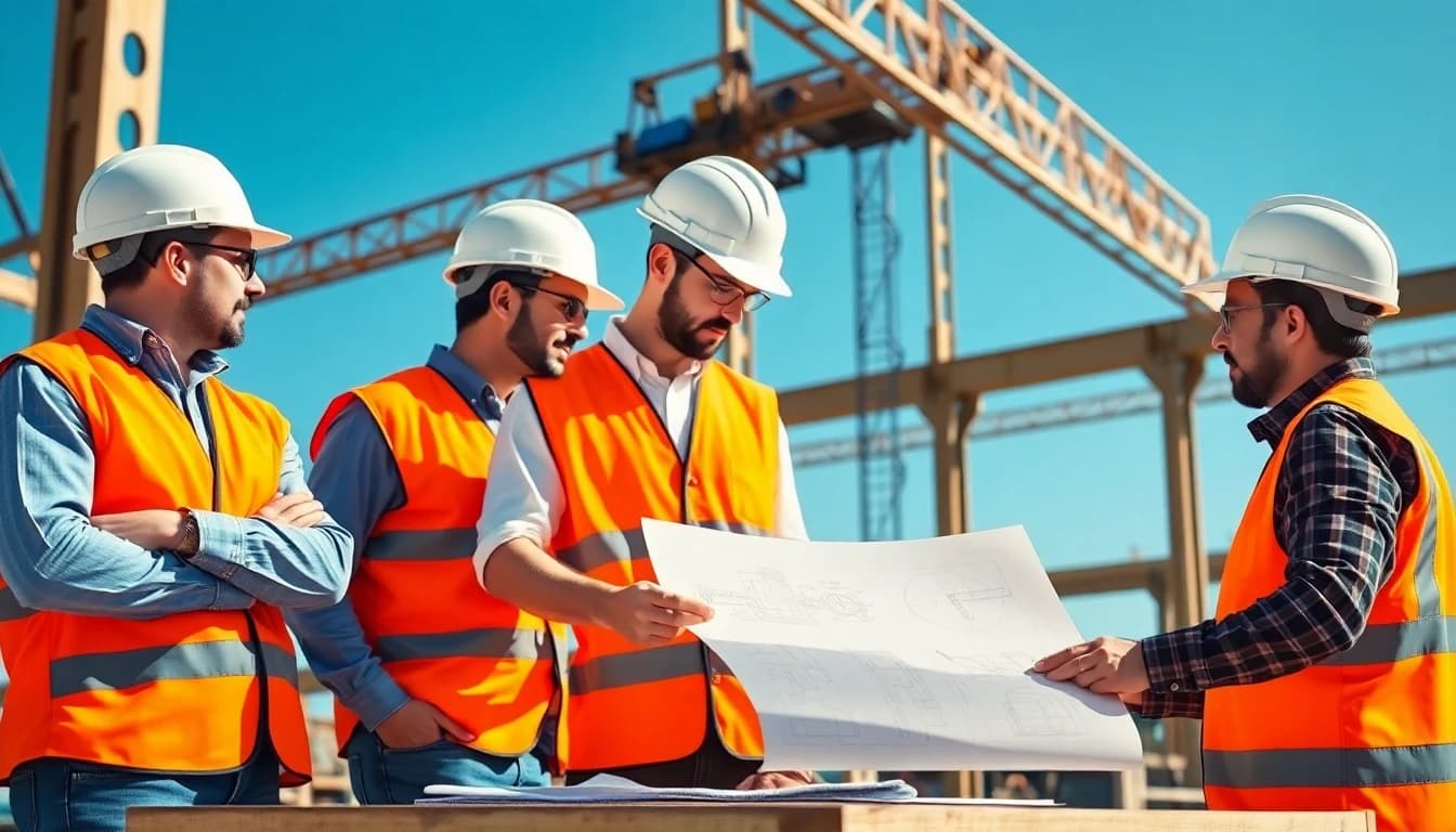Construction workers in safety gear reviewing safety plans on a job site