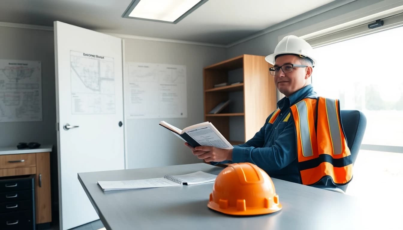 Construction site office with employee handbook and safety gear on desk