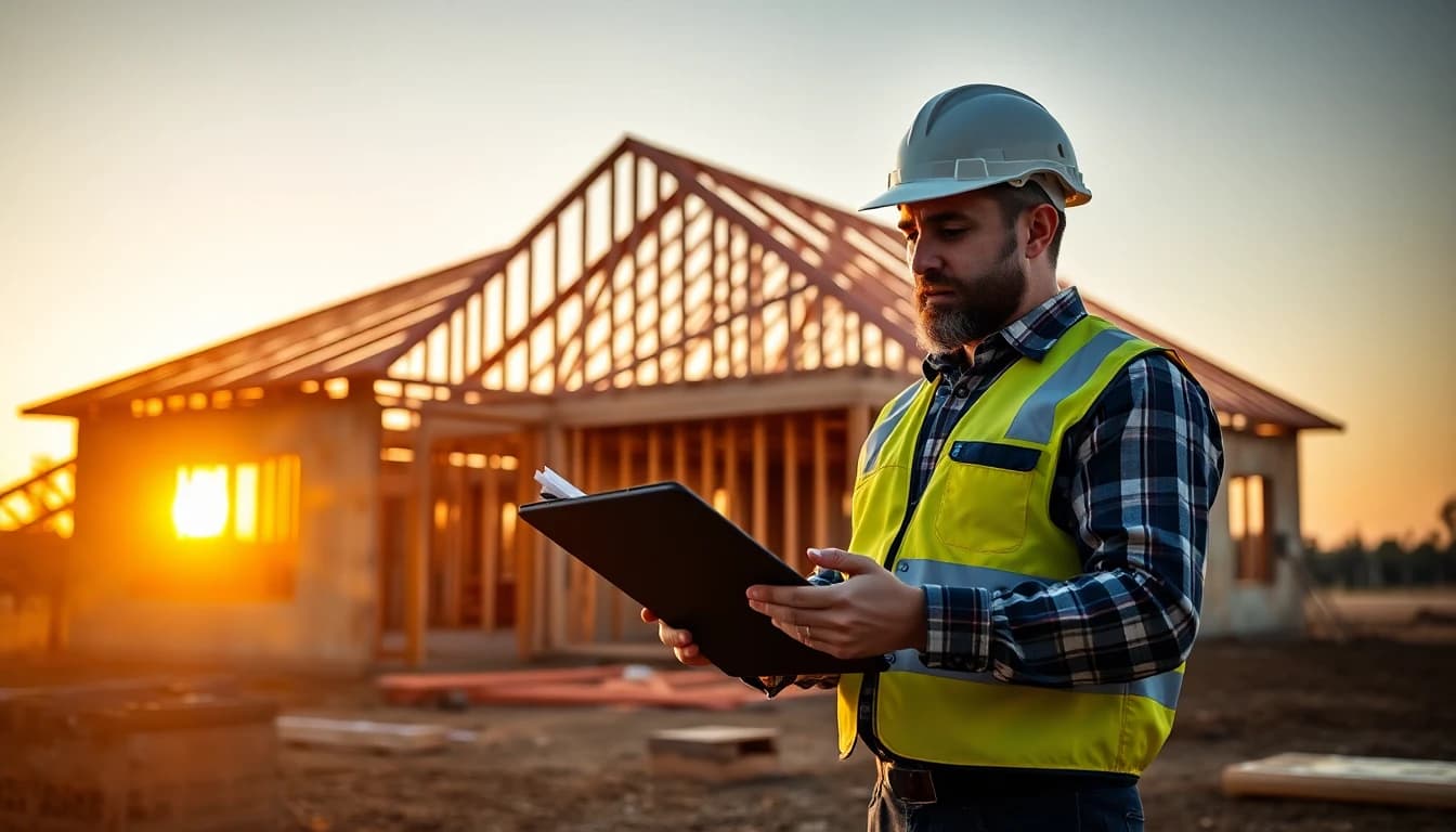 Contractor reviewing digital documents at a residential construction site