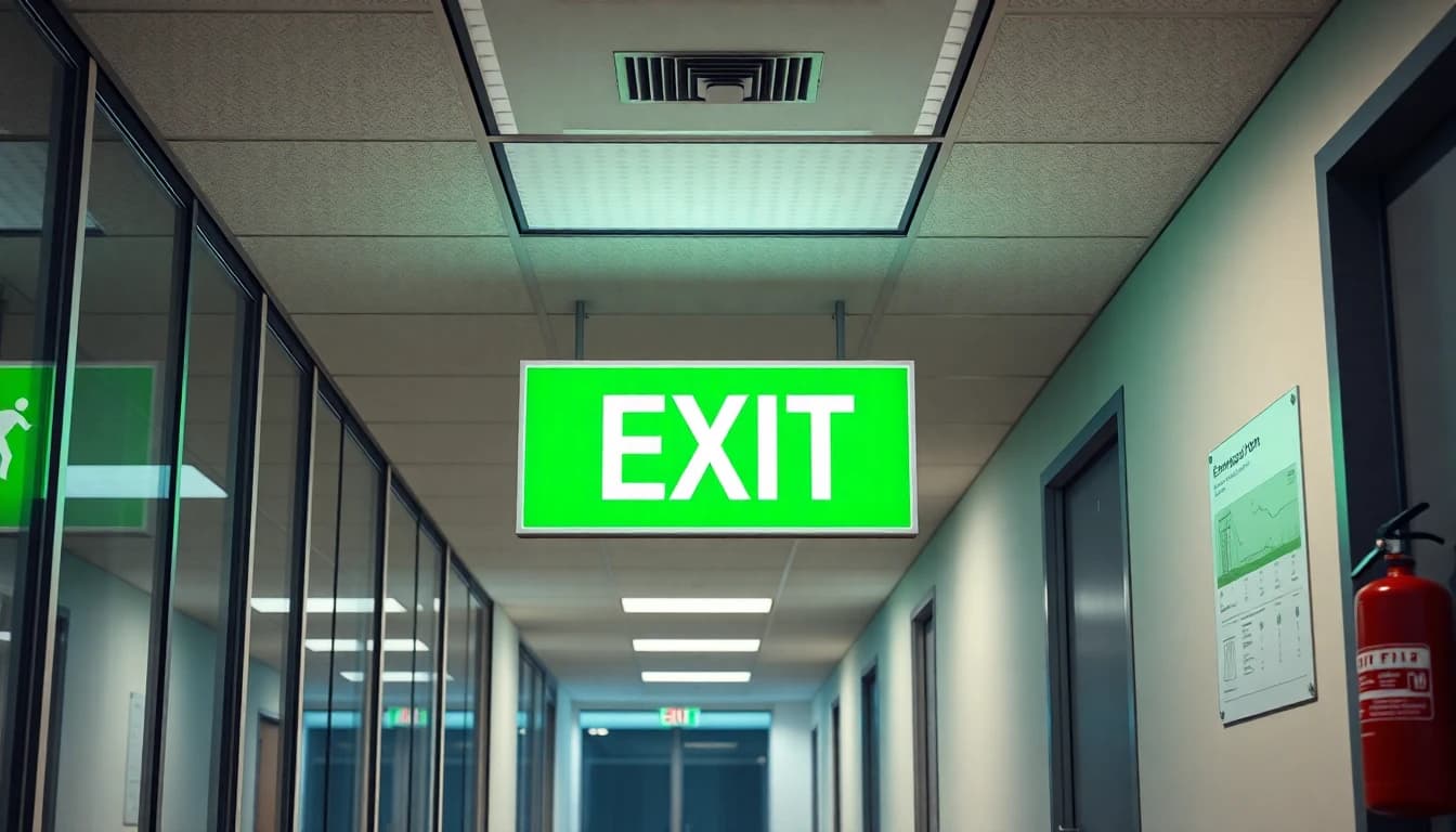 Office evacuation route map posted on a wall next to emergency exit signage