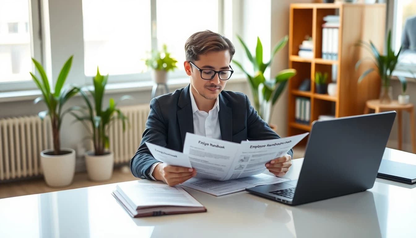 Small business owner reviewing employee handbook documents at their desk