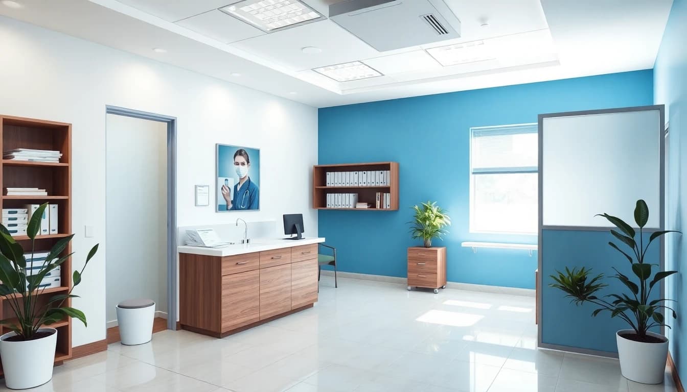 A modern small medical clinic reception area with organized patient files and privacy screens