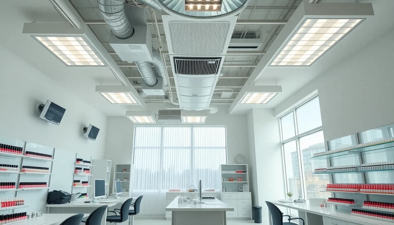 Nail salon with ventilation systems visible above technician workstations