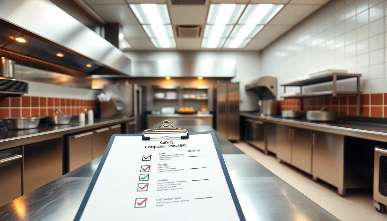 A clean, well-organized commercial restaurant kitchen with safety compliance documents