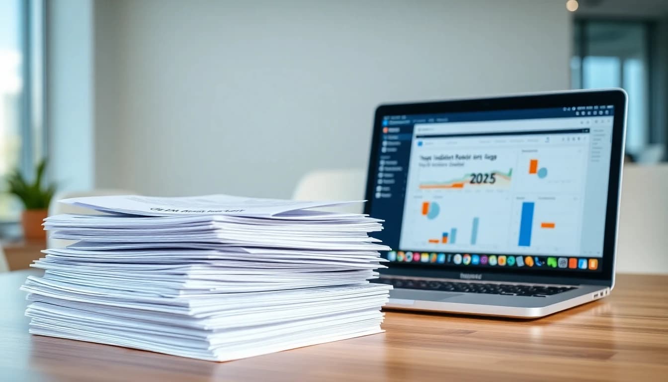 OSHA compliance forms and digital reporting dashboard on office desk