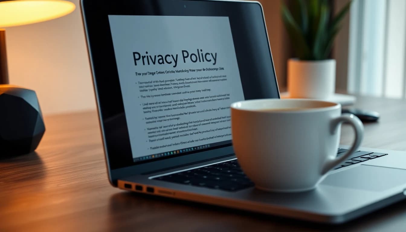 Laptop showing a privacy policy webpage on a clean desk