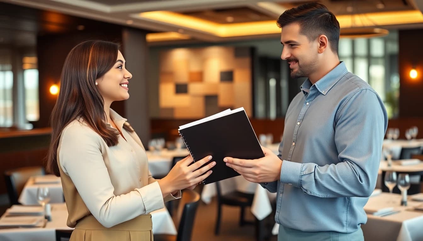 Restaurant manager presenting an employee handbook to a new team member
