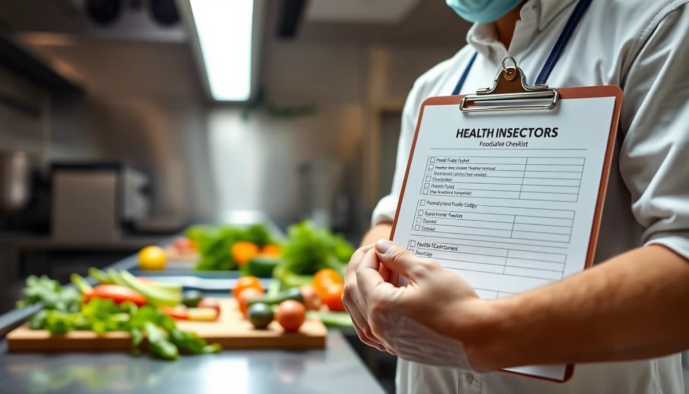 Food safety checklist on a clipboard next to a clean restaurant prep station