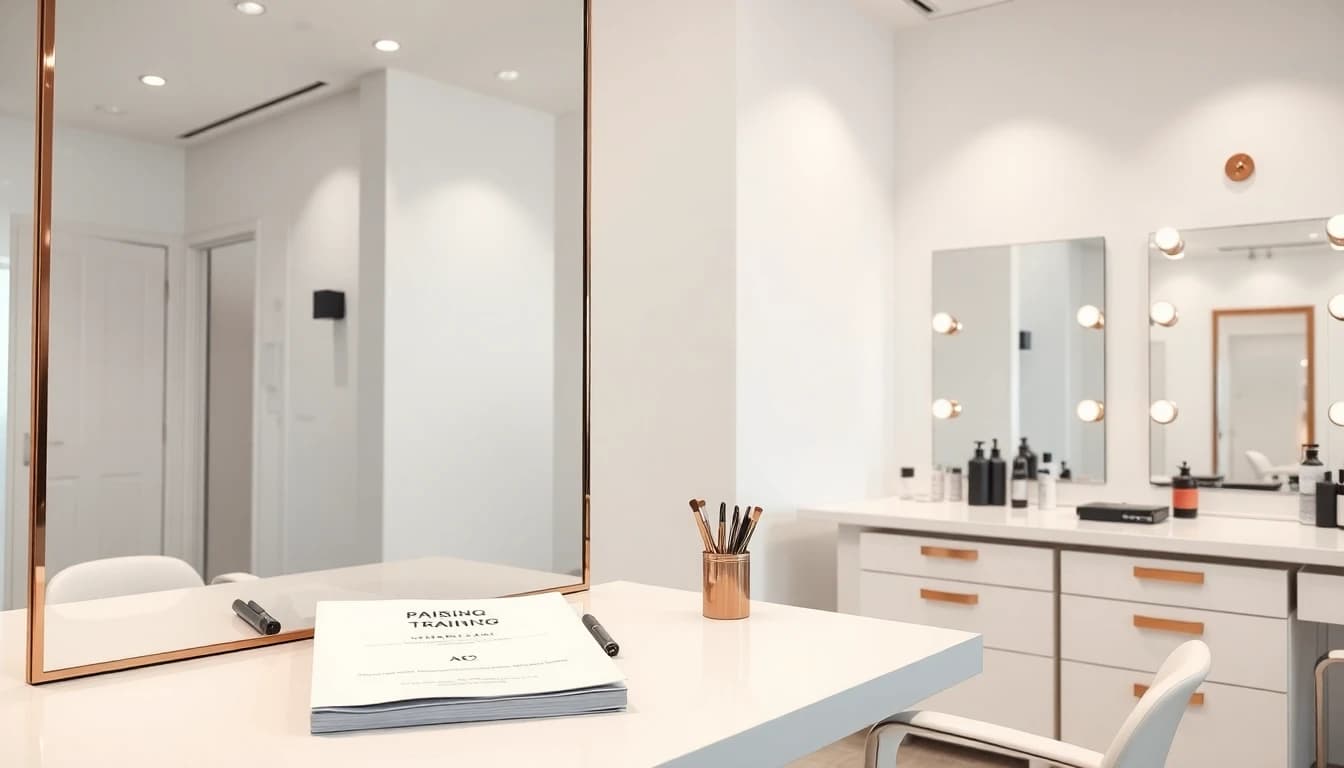 Modern beauty salon station with professional tools and training materials