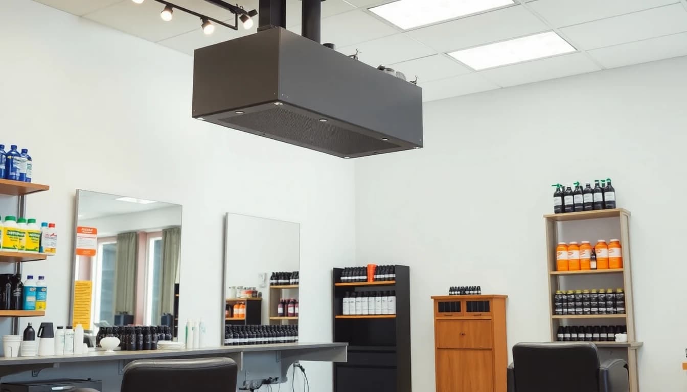 Well-ventilated salon workspace with properly labeled chemical products