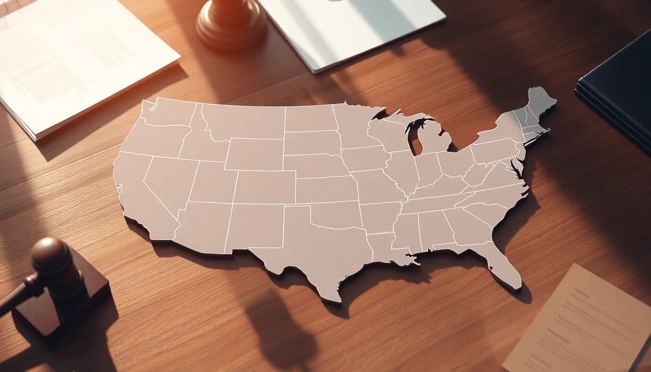 US map with state privacy law documents spread on a professional desk