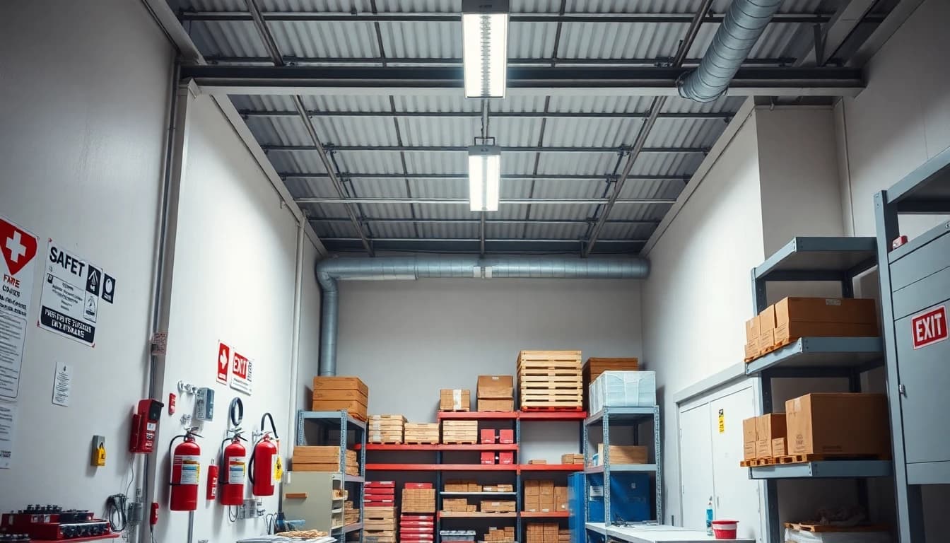 Small business workspace with safety equipment and signage
