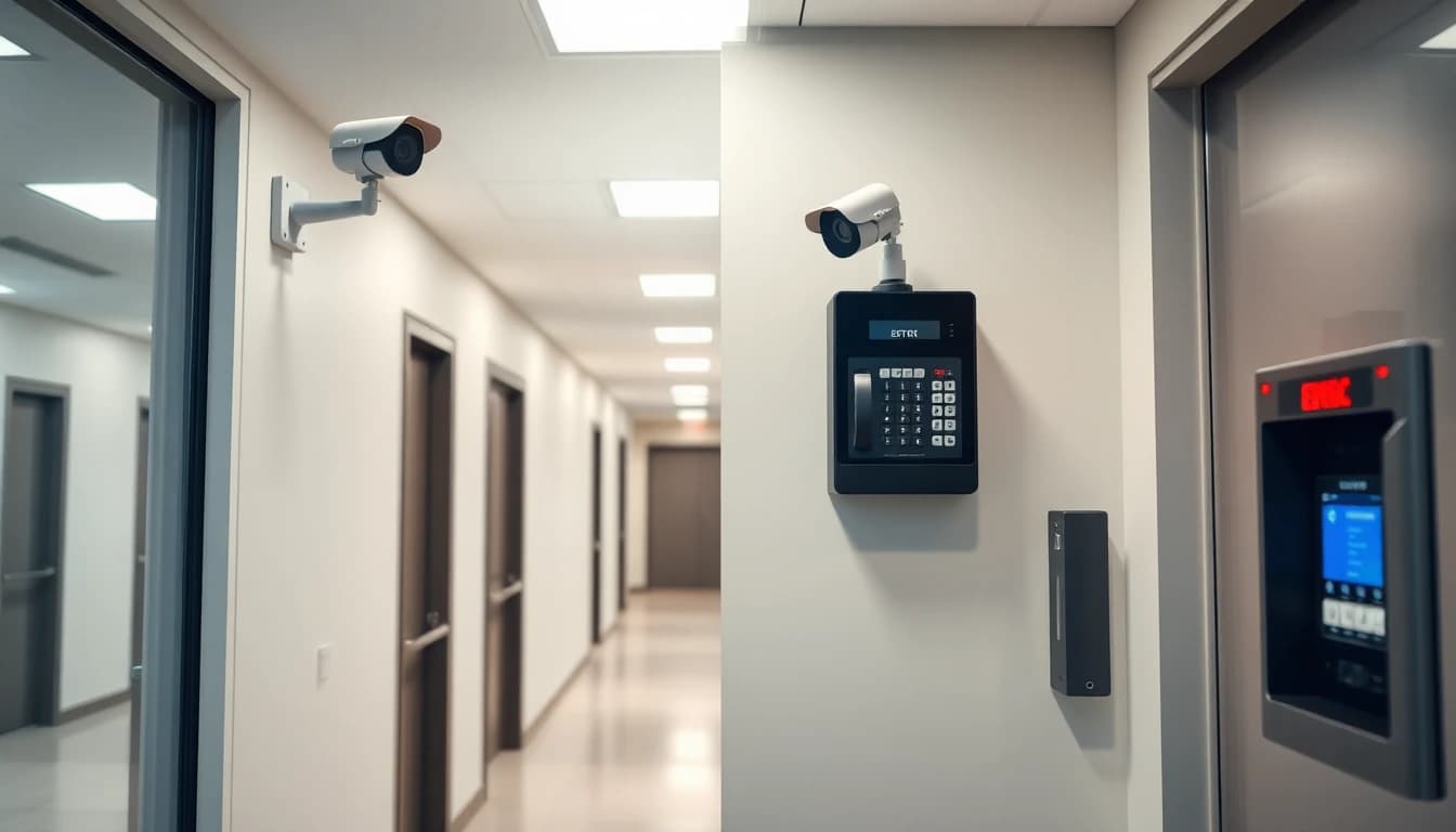 Security camera and emergency phone station in a well-lit office hallway